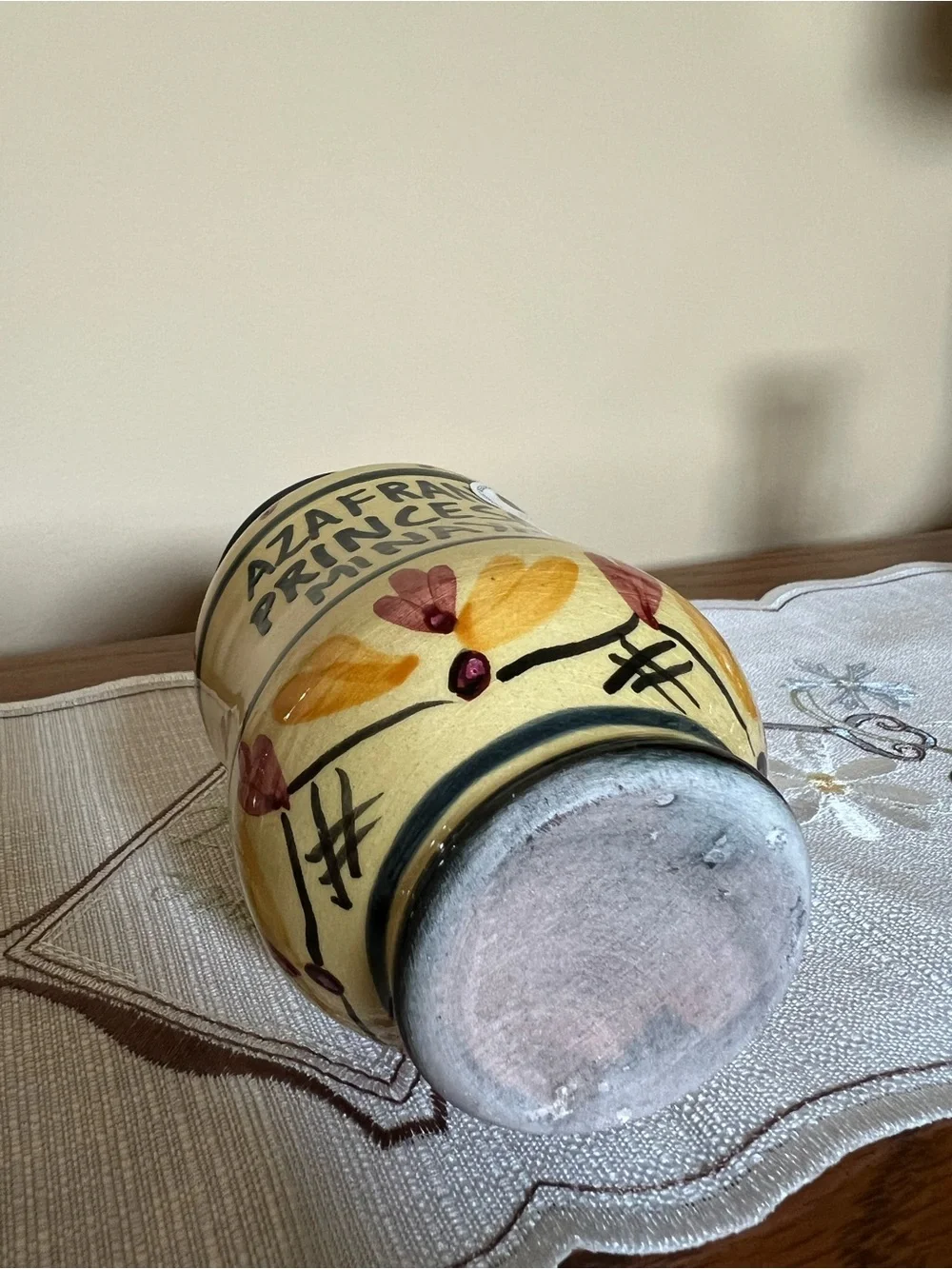 Princesa de Minaya Saffron Jar with Lid Ceramic Hand-Painted Yellow Blue - EMPTY